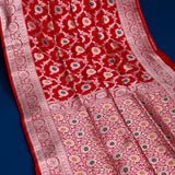 Bright Red Banarasi Silk Saree With Silver Zari Floral Booti Weave
