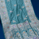 Teal Banarasi Silk Saree With Silver Zari Butti Body And Contrast Paisley Border