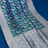 Peacock Teal Banarasi Silk Saree With Silver Zari Jaal Weave And Contrast Blue Pallu