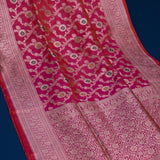 Bright Red Banarasi Silk Saree With Silver Zari Floral Booti Weave