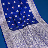 Royal Blue Banarasi Silk Saree With Silver Zari Booti And Temple Border