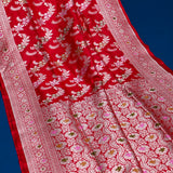 Bright Red Banarasi Silk Saree With Silver Zari Floral Vine Weave