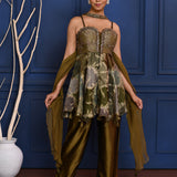 Dark Earthy Green Satin Peplum Set