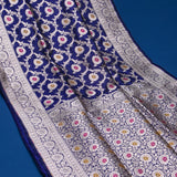 Navy Blue Banarasi Silk Saree With Silver Zari Floral Jaal Weave