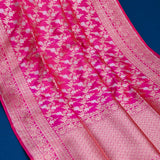 Coral Pink Banarasi Silk Saree With Silver Zari Floral Jaal Weave