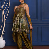 Dark Earthy Green Satin Peplum Set