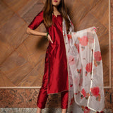 Deep Red Silk Blend Salwar Set With Floral Printed Dupatta