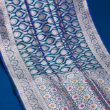 Blue Banarasi Silk Saree With Silver Zari Leaf Butti