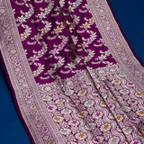 Magenta Purple Banarasi Silk Saree With Silver Zari Floral Vine Weave