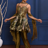 Dark Earthy Green Satin Peplum Set