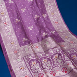 Lavender Banarasi Silk Saree With Silver Zari Booti Body And Floral Contrast Border
