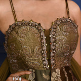 Dark Earthy Green Satin Peplum Set