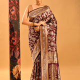 Burgundy Peacock Jaal Banarasi Silk Saree