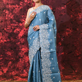 Aqua Blue Floral Silk Blend Saree