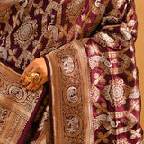 Burgundy Peacock Jaal Banarasi Silk Saree