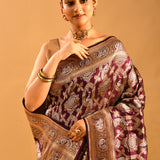 Burgundy Peacock Jaal Banarasi Silk Saree
