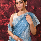 Aqua Blue Floral Silk Blend Saree