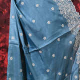 Aqua Blue Floral Silk Blend Saree