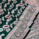 Bottle Green Banarasi Silk Saree With Silver Zari Floral Weave And Paisley Pallu