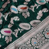 Bottle Green Banarasi Silk Saree With Silver Zari Floral Weave And Paisley Pallu