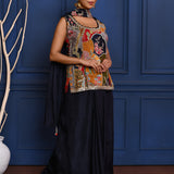 Black Embroidered Satin Sharara Set
