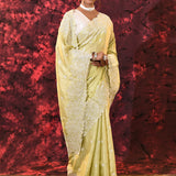Soft Lime Yellow Floral Silk Blend Saree