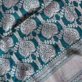Teal Banarasi Silk Saree With Silver Zari Paisley Jaal And Chevron Pallu