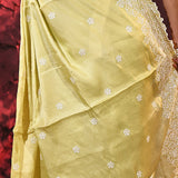 Soft Lime Yellow Floral Silk Blend Saree