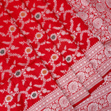 Red Banarasi Silk Saree With Silver Zari Floral Vine Weave