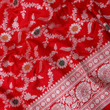 Red Banarasi Silk Saree With Silver Zari Floral Vine Weave