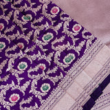 Deep Purple Banarasi Silk Saree With Gold Zari Floral Medallion Jaal And Chevron Border