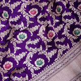 Deep Purple Banarasi Silk Saree With Gold Zari Floral Medallion Jaal And Chevron Border