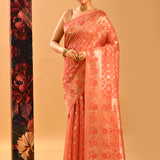 Coral Peach Geometric Jaal Banarasi Silk Saree