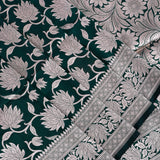 Bottle Green Banarasi Silk Saree With Silver Zari Lotus Weave