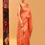 Coral Peach Geometric Jaal Banarasi Silk Saree