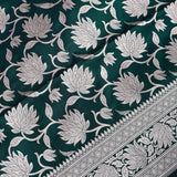 Bottle Green Banarasi Silk Saree With Silver Zari Lotus Weave