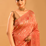 Coral Peach Geometric Jaal Banarasi Silk Saree