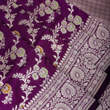 Wine Purple Banarasi Silk Saree With Silver Zari Floral Vine And Paisley Border