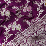 Wine Purple Banarasi Silk Saree With Silver Zari Floral Vine And Paisley Border
