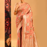 Coral Peach With Floral Butti In Banarasi Silk Saree