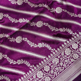 Purple Banarasi Silk Saree With Striped Floral Weave & Medallion Pallu