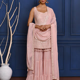 Pastel Soft Pink Embroidered Georgette Sharara Set