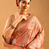 Coral Peach With Floral Butti In Banarasi Silk Saree
