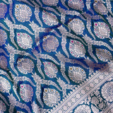 Blue Banarasi Silk Saree With Silver Zari Leaf Butti