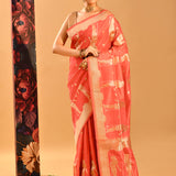 Radiant Coral Lady Motif Banarasi Silk Saree
