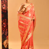 Radiant Coral Lady Motif Banarasi Silk Saree
