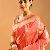 Radiant Coral Lady Motif Banarasi Silk Saree