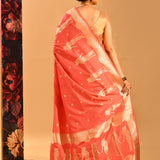 Radiant Coral Lady Motif Banarasi Silk Saree