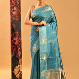 Sky Blue Zari Floral Butti Banarasi Silk Saree