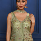 Pastel Green Floral Tissue Indo-Western Set